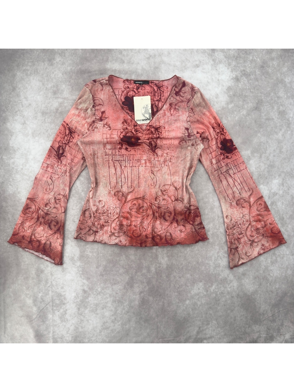 NWT Oneworld Y2K Pink Floral Graphic Print Mesh Bell Sleeve Top M Whimsigoth